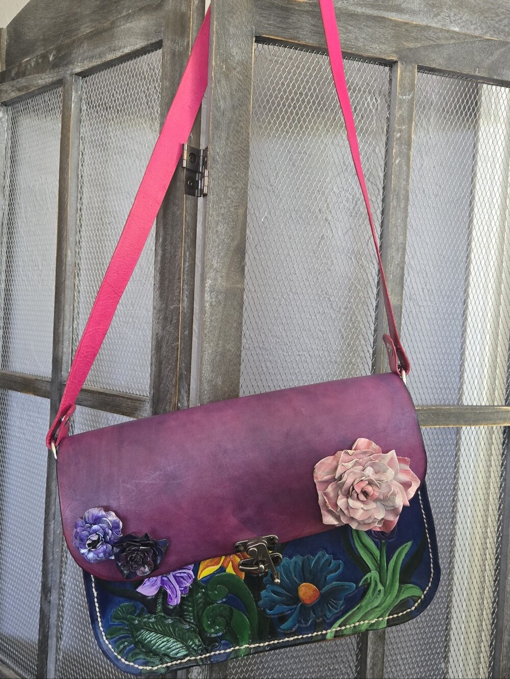 Handcrafted Floral Leather Crossbody Bag in Pink and Purple